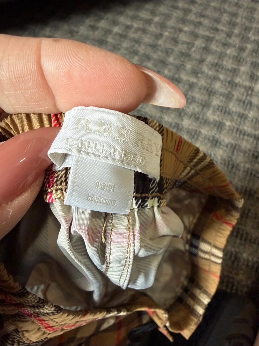 Burberry Tan Plaid Kids Swim Trunks with Black Drawstring